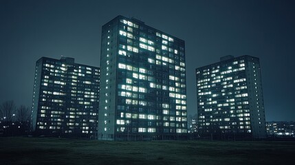 Night cityscape: illuminated buildings forming a pattern