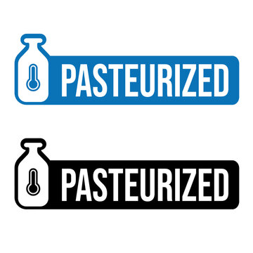 pasteurized milk vector symbol, blue stamp with milk bottle and thermometer 