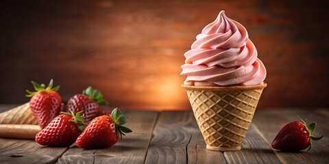 Strawberry Soft Serve Ice Cream in Waffle Cone Refreshing Summer Treat