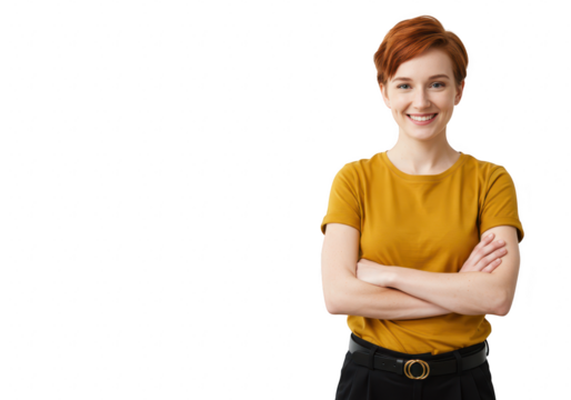 A young woman with short red hair standing with arms crossed and smiling confidently isolated on transparent background