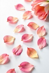 Delicate flower petals scattered on a pure white background, closeup, organic, elegant