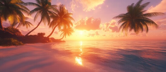 Idyllic sunset on a tropical beach, palm trees silhouetted against the vibrant sky