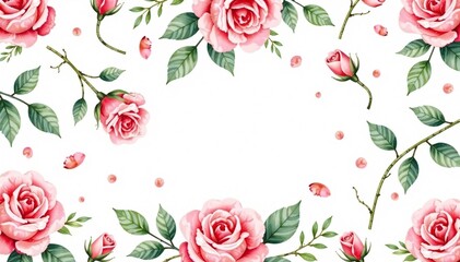 Delicate watercolor roses & leaves, repeat pattern, twig, petal