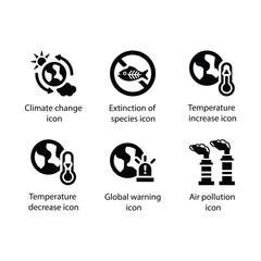 Climate change, Extinction of species, Temperature increase, Temperature decrease, Global warning, Air pollution, Black Icon Set
