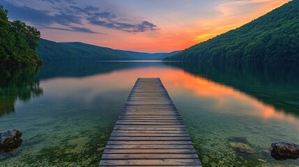 Serene Sunset at the Mountain Lake: A Wooden Dock Leading to Tranquility