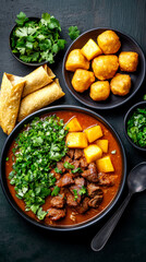 A vibrant dish featuring tender meat stew, potatoes, and garnished with fresh herbs, accompanied by crispy snacks and tortillas.