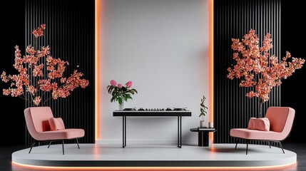 Minimalist DJ Booth with Clean Lines, White Walls, and Stylish Floral Arrangements