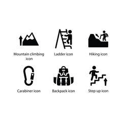 Mountain climbing, Ladder, Hiking, Carabiner, Backpack, Step up, Black Icon Set