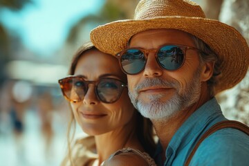 Couple enjoying sunny day at a beachside location, wearing stylish sunglasses and smiling warmly at the camera