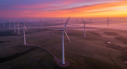 Wind Turbines at Sunrise Aerial View Showing Sustainable Energy Source