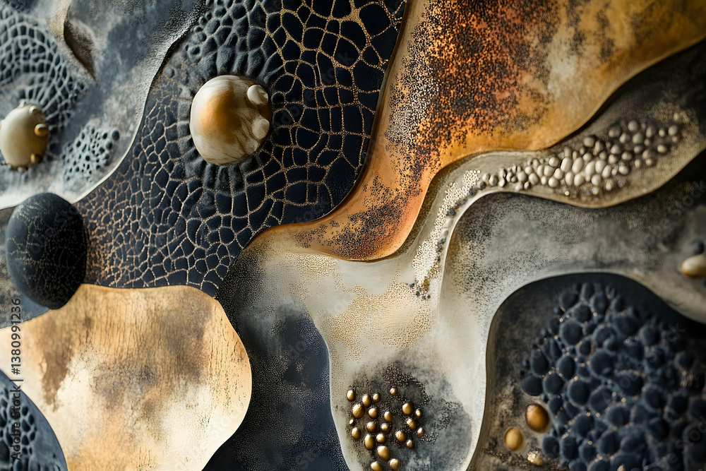 Poster abstract artistic composition displaying varied textured shapes and surfaces