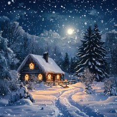 Fototapeta premium Cozy Rustic Cabin in Snowy Mountains On white background