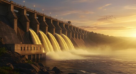 Water Flowing Through Dam Gates at Sunset with Birds Flying