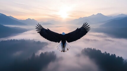 Fototapeta premium Majestic eagle flying with its wings fully extended, sun rays breaking through the clouds, epic aerial view.