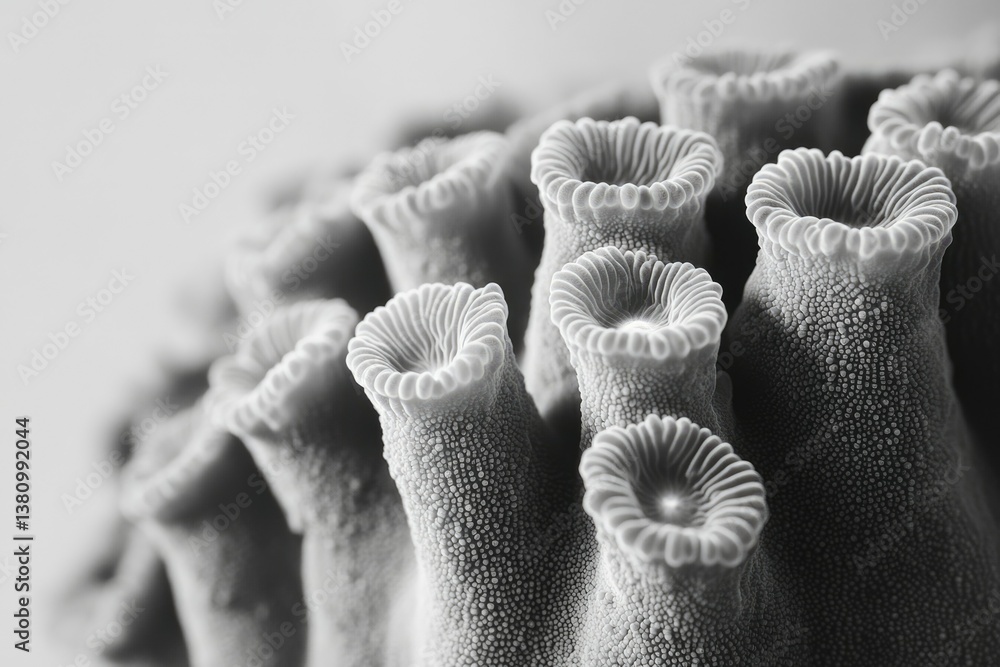 Aufkleber close-up black and white image showcasing the intricate texture and structure of a coral polyp clust