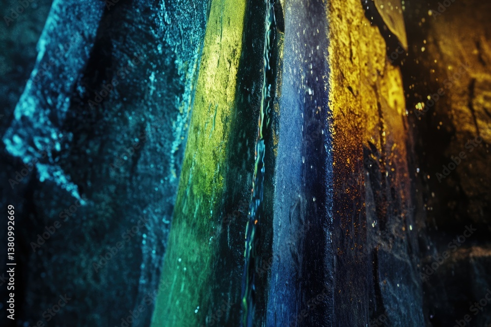 Poster water cascading down textured, vibrant vertical stripes of blue, green, and gold, creating a mesmeri