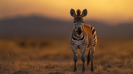 Fototapeta premium Zebra stands majestically against a warm sunset backdrop. Stripes shine.