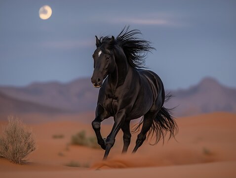 Black horse galloping in the desert at night under the moonlight.