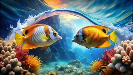 Naklejka premium Colorful Underwater Scene with Fish Swimming Near Coral Reefs