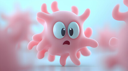 Pink Cartoon Virus Character in 3D Space