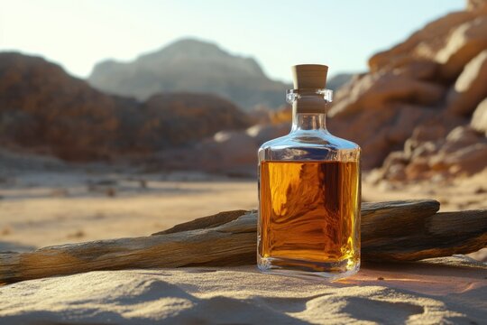 A bottle of amber liquid rests on a weathered piece of wood in a desert landscape, bathed in sunlight. - Powered by Adobe