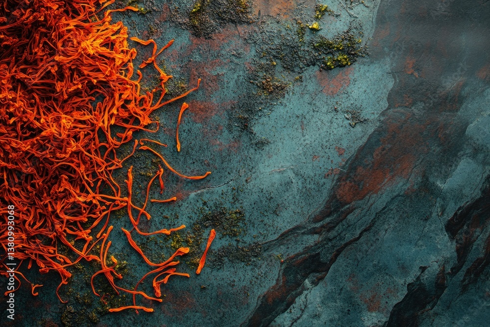 Aufkleber a vibrant pile of saffron threads rests on a dark, textured background, creating a striking contrast