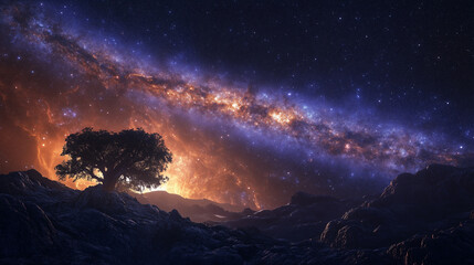 Galaxy night scene featuring a silhouetted tree against a vibrant cosmic sky, stars and distant mountains. The composition presents a breathtaking view of the universe. Image made using Generative AI.