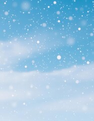 Fototapeta premium Gently falling snowflakes drift over a serene, expansive blue winter sky, snow, aerial