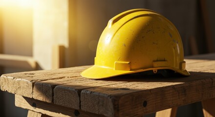 Yellow Safety Helmet on Wooden Table, , Labour, Worker, World Labour Day