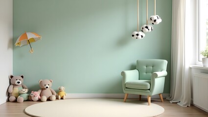 Fototapeta premium Stylish Scandinavian kid room with toys, teddy bear, plush animal toys, mint armchair, umbrella, cotton balls. Modern interior with eucalyptus background walls.
