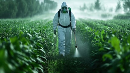 Person in white protective suit and mask walking through a field, carefully applying pesticide spray.