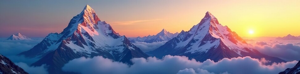 Mountain peak with snow-capped summit and sunrise glow, peak, scenery