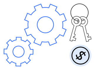 Interlocking gears and two keys alongside a dollar sign suggest collaboration, strategy, and achieving financial goals. Ideal for innovation, business process, finance, success, strategy, teamwork