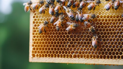 Local organic honey concept, Close Up of Honeycomb Frame with Bees Working in a Natural Setting for Pollination and Honey Production