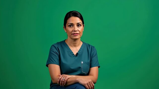 Serious female Indian nurse in uniform sitting with crossed arms on green screen isolated with chroma key, ideal for medical interviews, awareness campaigns or healthcare education.