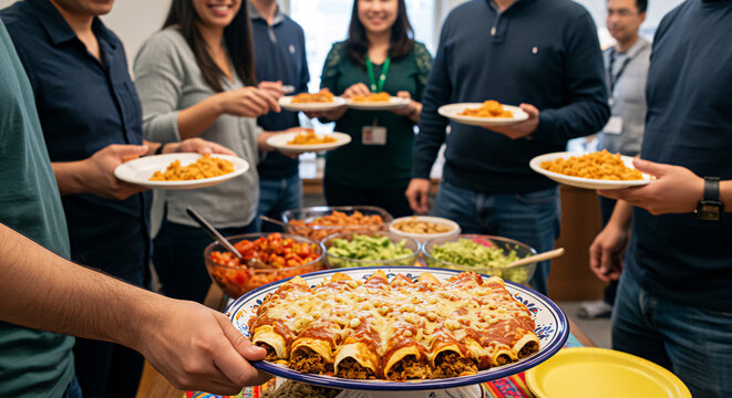 Office potluck with homemade enchiladas as main dish, coworkers gathering around food table.