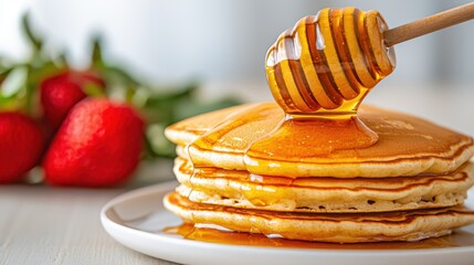 Local organic honey concept, Close Up of Spoonful of Organic Honey Drizzling Over Stack of Fluffy Pancakes with Fresh Strawberries on Side