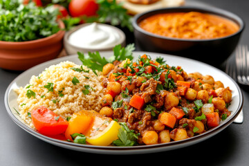 A vibrant plate featuring couscous, spiced chickpeas with vegetables, and fresh herbs, accompanied by yogurt and a rich stew in the background.
