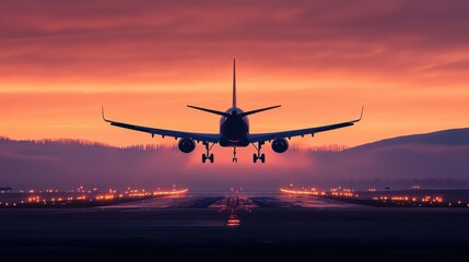 Silhouette of an airplane flying at sunrise, golden light illuminating the horizon.