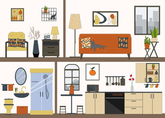 Infographics of the house inside. Apartment with furniture in section. Kitchen with stove and refrigerator, table and stools. Bathroom with shower. Living room with sofa and window. Recreation room