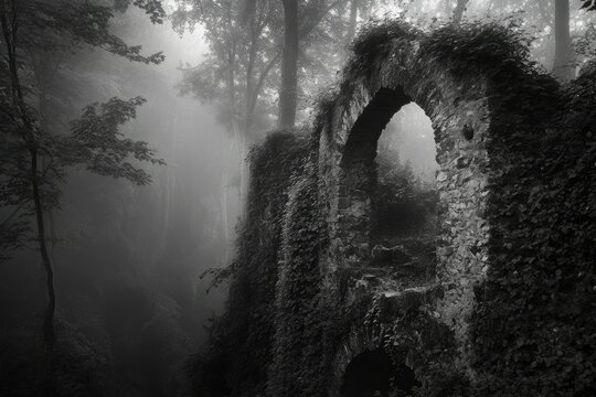 Misty forest envelops ancient stone ruins, a hauntingly beautiful scene of nature reclaiming history.