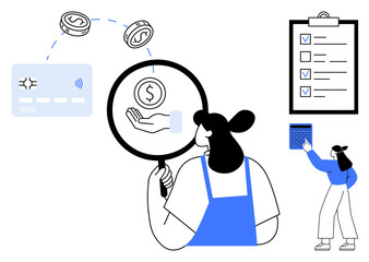 Woman analyzing monetary transactions with magnifying glass, coins, credit card, checklist, and calculator. Ideal for finance, accounting, budgeting, business planning saving audits money