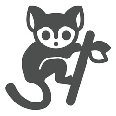 Tarsier animal on tree branch solid icon, tropical voyage concept. Vector graphics. Tropical monkey, wild life sign on white background, glyph style icon for mobile or web design.