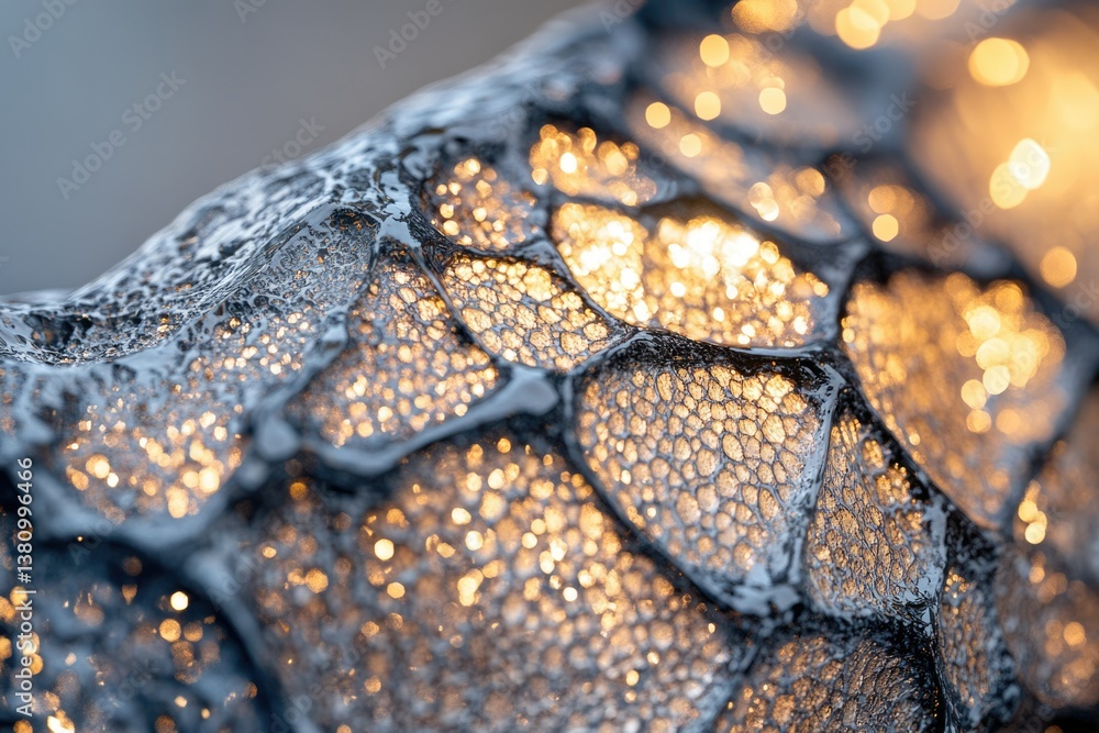 Aufkleber close-up of a textured surface with golden light reflecting off its intricate, bubble-like pattern.