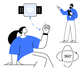 Smartwatch displaying heart rate, woman gesturing to connect data, trainer instructing, 360 interaction icon. Ideal for health, fitness, technology, tracking, coaching wearable tech connectivity