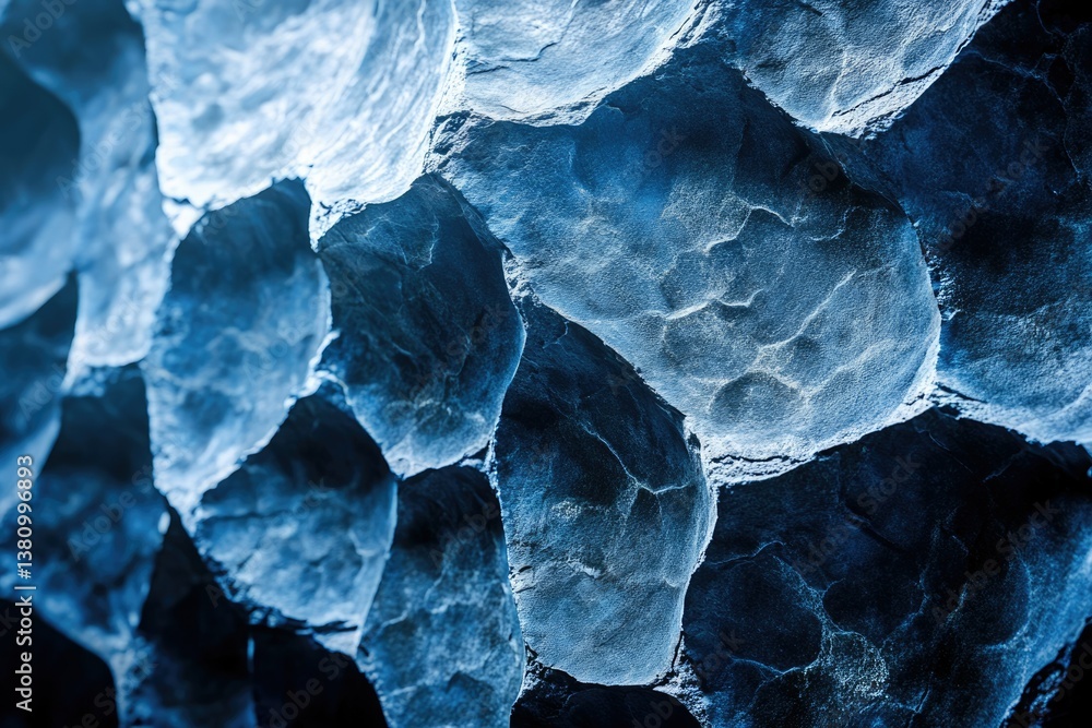 Poster abstract close-up of a deep blue, textured rock surface with irregular formations and shadows.