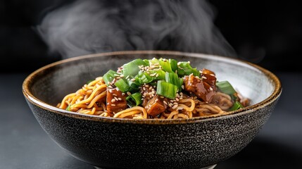 Steaming black bean sauce noodles in a ceramic bowl, garnished with green onions and sesame seeds.