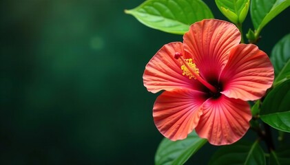 Vibrant tropical hibiscus, lush green leaves, bold colors, flowers, bright, jungle