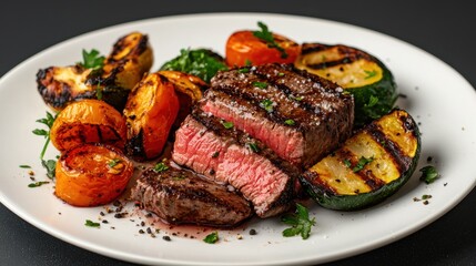 Succulent steak with a crispy crust, juicy pink center, served with grilled vegetables.