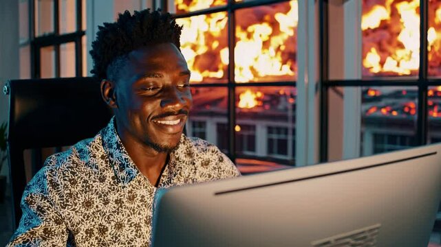 Un hombre negro trabajando tranquilamente frente a una computadora mientras una gran explosi&oacute;n ilumina el fondo a trav&eacute;s de las ventanas.  